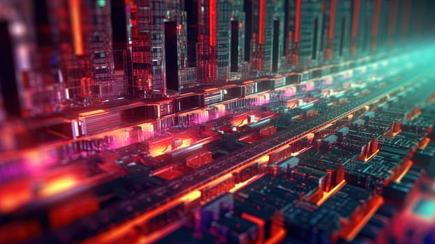 Computer technology abstraction with connected hardware or data servers in neon lights of wires. Generated AI