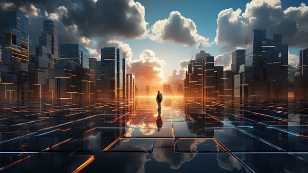 Concept of a digital city with cloud connections. Futuristic network in the clouds. Generated AI