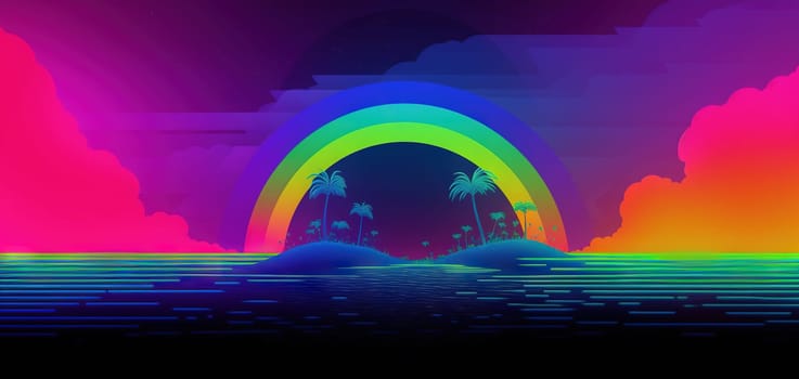 Palm trees and rainbow 80s landscape in vaporwave style. Retrowave vacation background with tropical sunset and palms. Generated AI