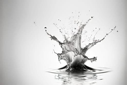 Water splash with beautiful drops flying away. Liquid motion background. Generated AI