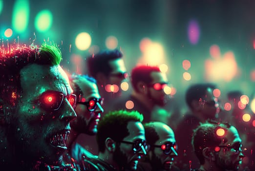 Zombies with scary faces in the crowd during the zombie apocalypse. Horror theme for Halloween or game party ad. Generated AI