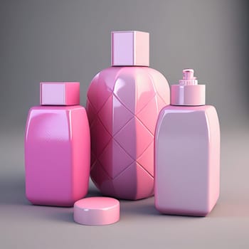 Cosmetics bottles mockup. Empty pink bottles on the pink background. Generative AI