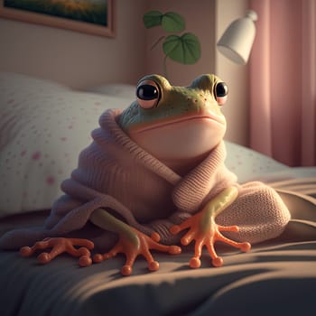 Frog in pink knitted sweater relaxing at home. Funny green frog in cozy clothes, self care concept. Generative AI