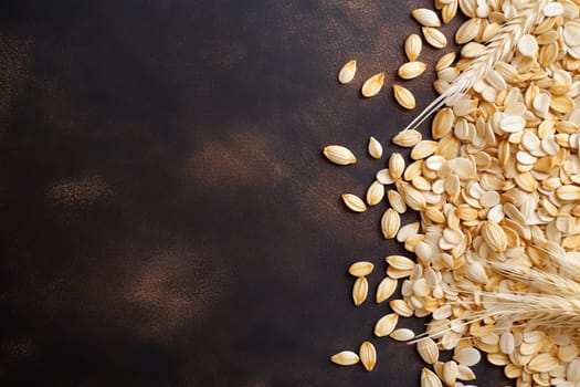 Scattered grains and wheat ears on a dark surface