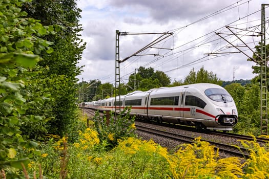An intercity express train on a railroad track between nature, trees and flowering plants in the countryside