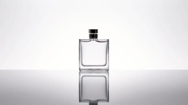 Elevate your senses with a transparent glass bottle of men's perfume on a sleek gray background, embodying the essence of musk and luxury in cosmetics.