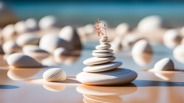 Embrace the serenity of Feng Shui and Zen with a stack of stones artfully arranged on the beach by the Baltic Sea, capturing tranquility and balance.