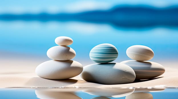 Embrace the serenity of Feng Shui and Zen with a stack of stones artfully arranged on the beach by the Baltic Sea, capturing tranquility and balance.