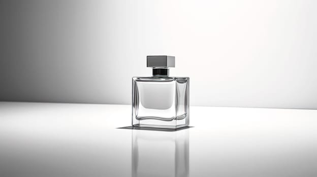 Elevate your senses with a transparent glass bottle of men's perfume on a sleek gray background, embodying the essence of musk and luxury in cosmetics.