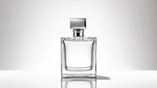 Elevate your senses with a transparent glass bottle of men's perfume on a sleek gray background, embodying the essence of musk and luxury in cosmetics.