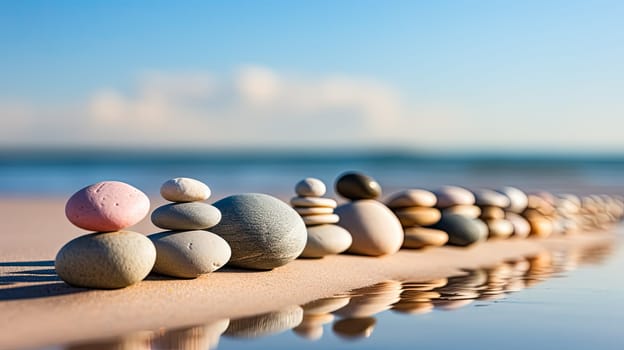 Embrace the serenity of Feng Shui and Zen with a stack of stones artfully arranged on the beach by the Baltic Sea, capturing tranquility and balance.