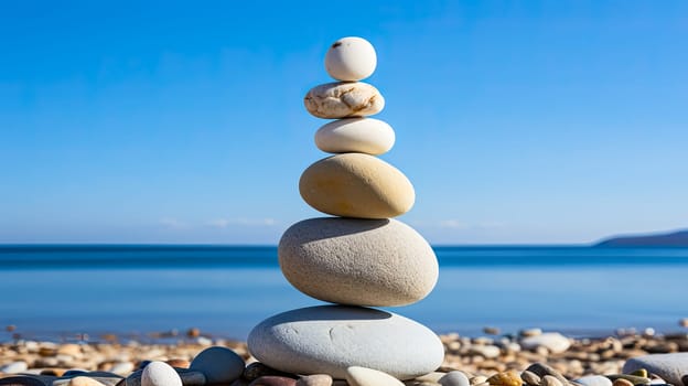 Embrace the serenity of Feng Shui and Zen with a stack of stones artfully arranged on the beach by the Baltic Sea, capturing tranquility and balance.