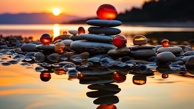 Experience the concept of harmony and balance with zen rocks arranged in the form of scales against the backdrop of the sea. A tranquil and meditative image.