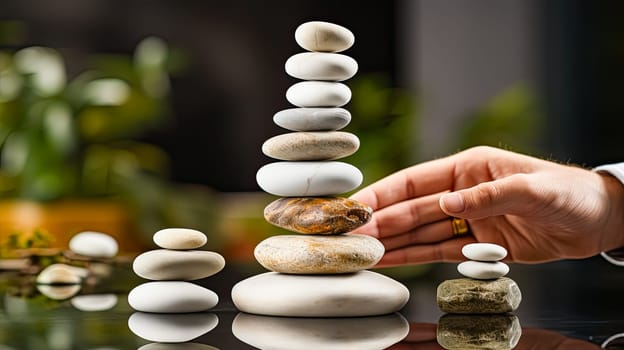 Witness the meditative artistry as a mans hand skillfully places stones one atop the other, creating a captivating balance. A tranquil and harmonious moment.