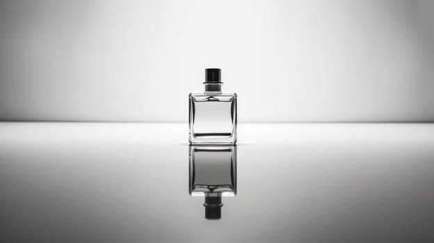 Elevate your senses with a transparent glass bottle of men's perfume on a sleek gray background, embodying the essence of musk and luxury in cosmetics.