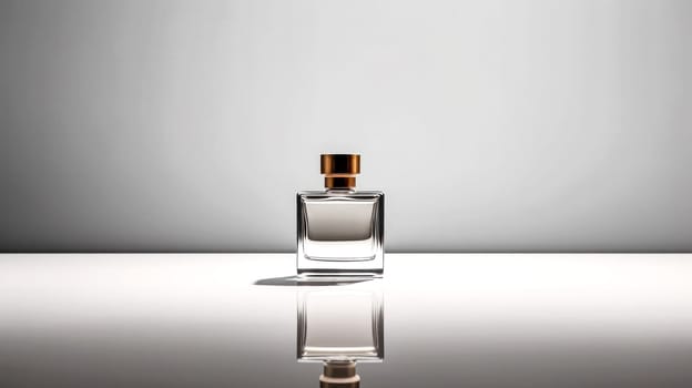 Elevate your senses with a transparent glass bottle of men's perfume on a sleek gray background, embodying the essence of musk and luxury in cosmetics.