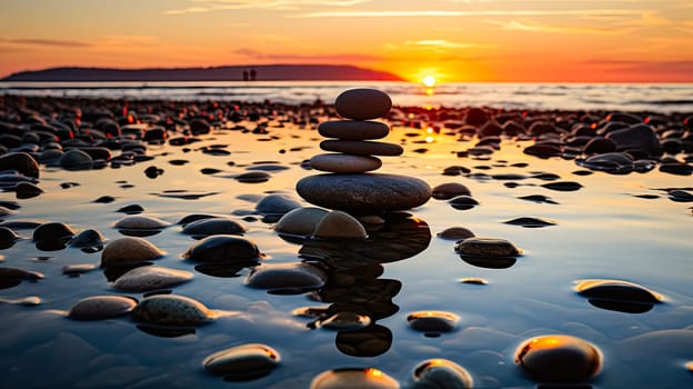 Experience the concept of harmony and balance with zen rocks arranged in the form of scales against the backdrop of the sea. A tranquil and meditative image.