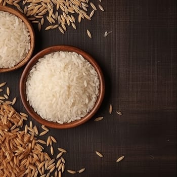 Bowls of white and brown rice on dark background.