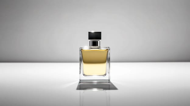 Elevate your senses with a transparent glass bottle of men's perfume on a sleek gray background, embodying the essence of musk and luxury in cosmetics.