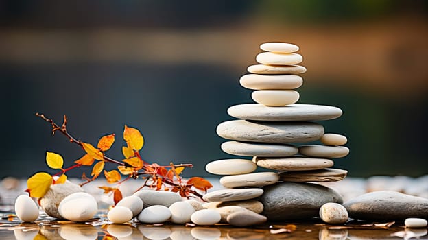 Experience the art of balance with rocks delicately stacked atop one another on moss covered stones. Amidst the greenery and flowing creek, a Zen stack emerges, creating a serene scene in the forest by the river.