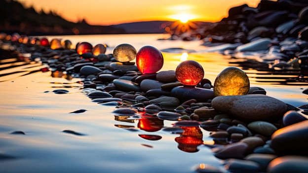 Experience the concept of harmony and balance with zen rocks arranged in the form of scales against the backdrop of the sea. A tranquil and meditative image.