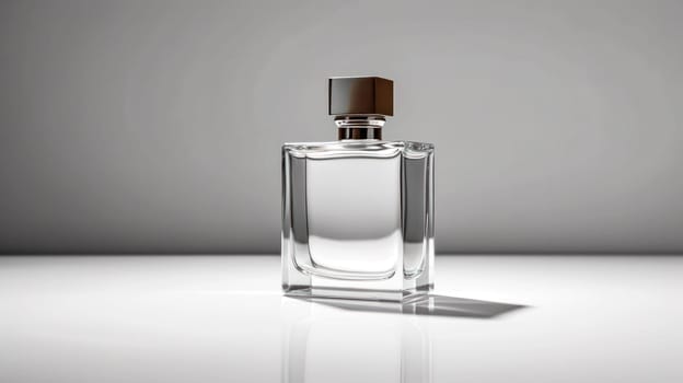 Elevate your senses with a transparent glass bottle of men's perfume on a sleek gray background, embodying the essence of musk and luxury in cosmetics.