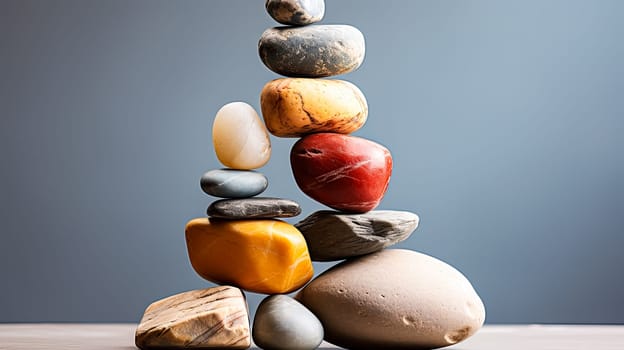 Discover the artful balance in irregularly shaped counterbalanced stones set against a calming gray background. A harmonious and intriguing composition.