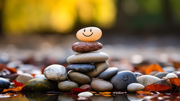 Encounter joy in simplicity with a close up of a stack of stones featuring a painted happy face against a nature background. A whimsical and Zen inspired concept.