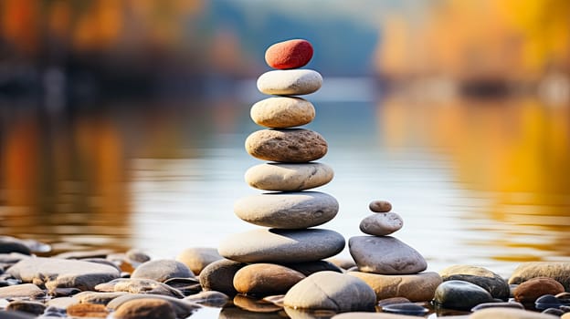 Experience the art of balance with rocks delicately stacked atop one another on moss covered stones. Amidst the greenery and flowing creek, a Zen stack emerges, creating a serene scene in the forest by the river.