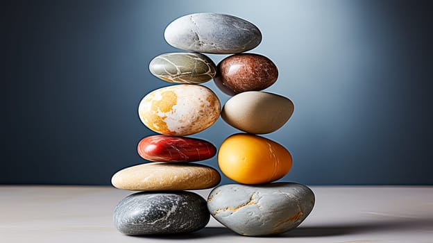 Discover the artful balance in irregularly shaped counterbalanced stones set against a calming gray background. A harmonious and intriguing composition.