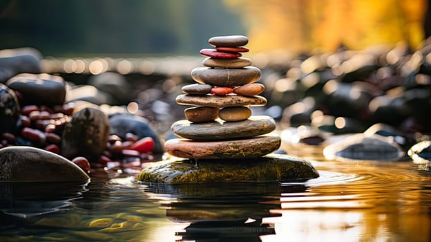 Experience the art of balance with rocks delicately stacked atop one another on moss covered stones. Amidst the greenery and flowing creek, a Zen stack emerges, creating a serene scene in the forest by the river.