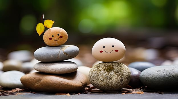 Encounter joy in simplicity with a close up of a stack of stones featuring a painted happy face against a nature background. A whimsical and Zen inspired concept.