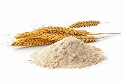 Pile of wheat flour next to wheat stalks on white background