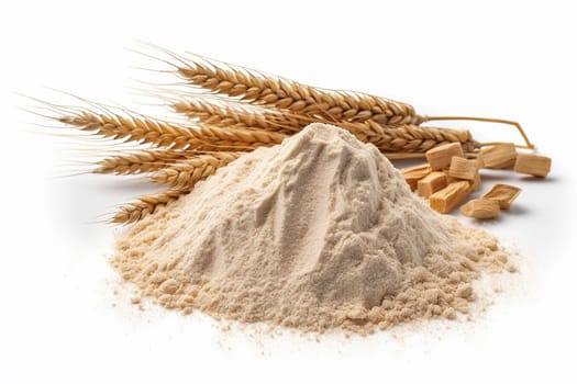 Heap of whole wheat flour with wheat ears