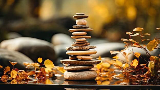 Experience the art of balance with rocks delicately stacked atop one another on moss covered stones. Amidst the greenery and flowing creek, a Zen stack emerges, creating a serene scene in the forest by the river.