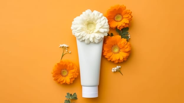 Elevate your summer skincare with a cosmetic mockup a plastic tube of cream set against an orange background adorned with vibrant gerbera flowers.