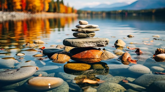 Experience the art of balance with rocks delicately stacked atop one another on moss covered stones. Amidst the greenery and flowing creek, a Zen stack emerges, creating a serene scene in the forest by the river.