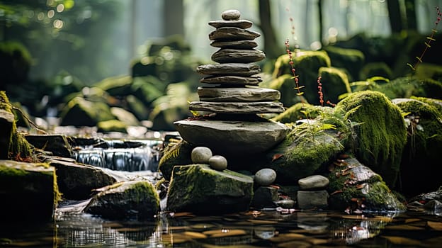 Witness the serene beauty of a balance of stones in a flowing river, a harmonious arrangement that captures the tranquility of nature's delicate equilibrium.