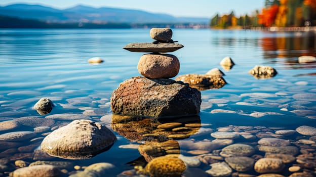 Experience the art of balance with rocks delicately stacked atop one another on moss covered stones. Amidst the greenery and flowing creek, a Zen stack emerges, creating a serene scene in the forest by the river.