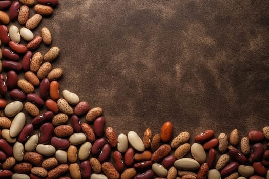 Assorted beans displayed on textured brown background, leaving space for content.