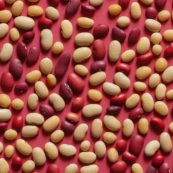 Assortment of multicolored kidney beans scattered on a red background.