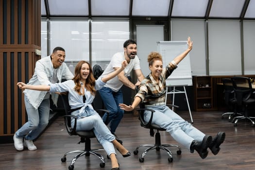 Group of diverse businesspeople working together in a modern workspace.