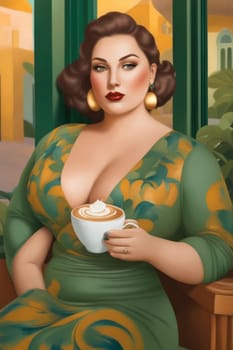 iilustration of voluptous female model having latte macchiato relax outdoors poolside in villagenerative ai art