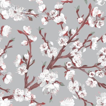 Sakura branches in a Seamless Asian oriental realistic pattern drawn