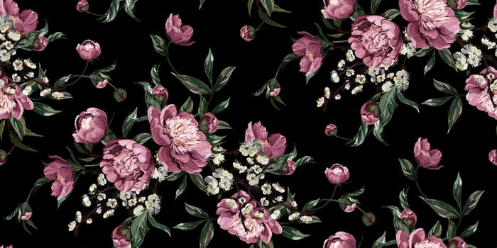 Seamless realistic pattern drawn with pink peonies in a classic oriental style for textile