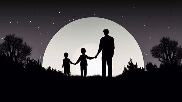 Capture the beauty of family love with an illustration of a father, children, and wife against a sunset backdrop. A heartwarming Fathers Day concept filled with warmth and togetherness.