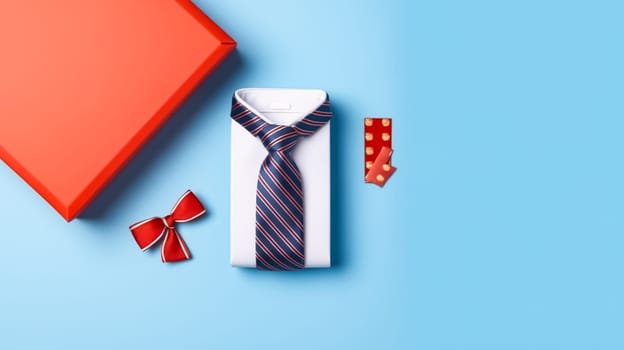 Celebrate Fathers Day in style with a gift box, necktie, and glasses elegantly arranged on a pastel blue background. A tasteful flat lay capturing the essence of appreciation.