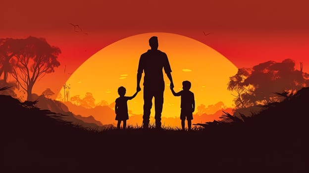 Capture the beauty of family love with an illustration of a father, children, and wife against a sunset backdrop. A heartwarming Fathers Day concept filled with warmth and togetherness.