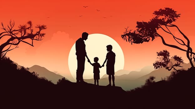 Capture the beauty of family love with an illustration of a father, children, and wife against a sunset backdrop. A heartwarming Fathers Day concept filled with warmth and togetherness.