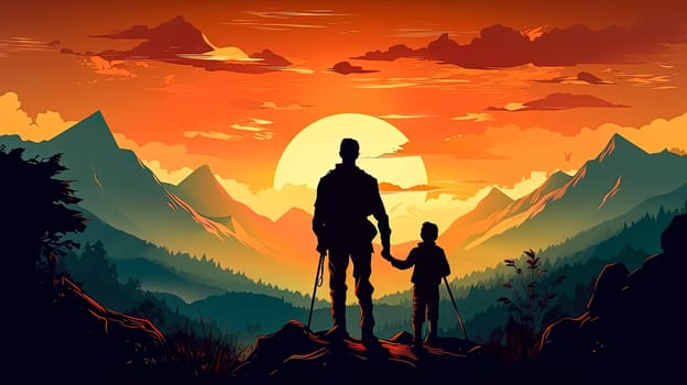 Embark on a heartwarming journey with an illustration of a father holding his childs hand against a mountainous backdrop. A touching Fathers Day concept full of love and adventure.